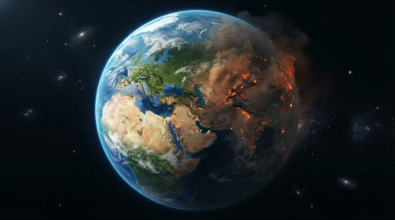 Conceptual Earth artwork contrasting green terrain with a dark, fiery hemisphere