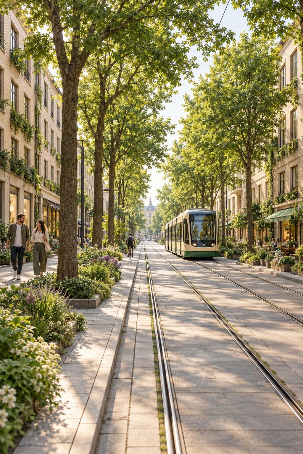 Imagined greener version of a city street with trees and active public space