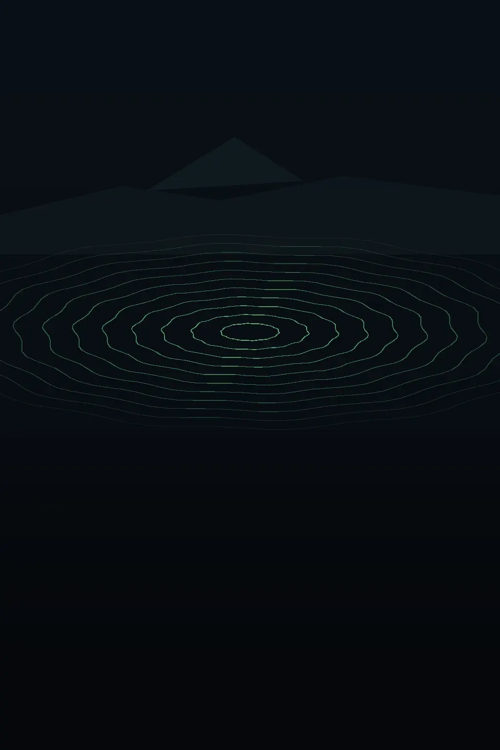 Abstract green ripples beneath a dark illustrated mountain silhouette